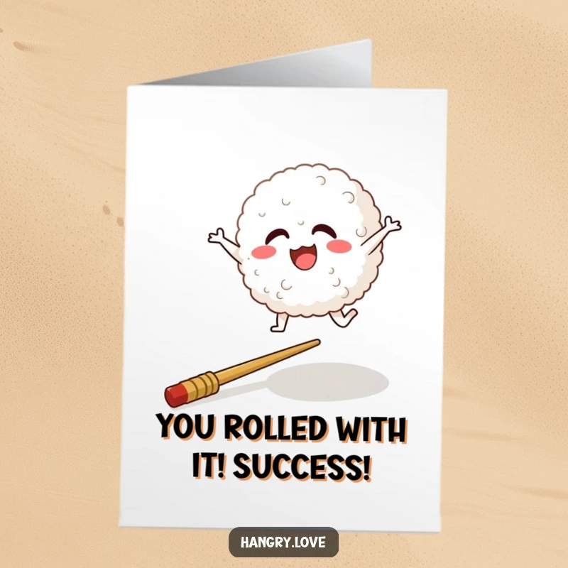 Funny Free Printable Rice Ball Congratulations Card: A happy rice ball leaps over a chopstick, signifying success. Downloadable art.