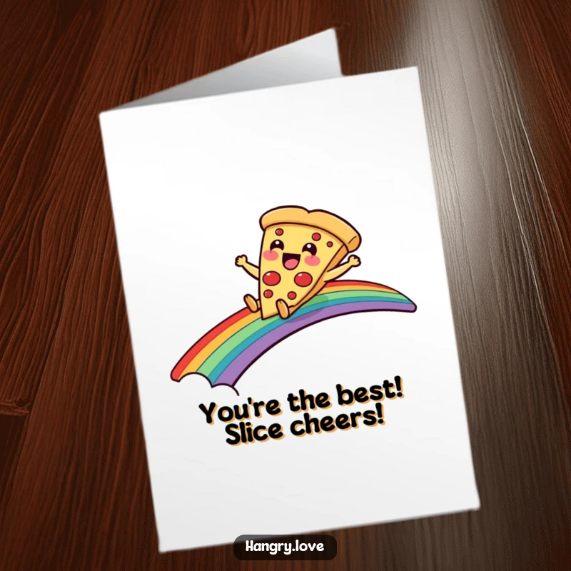 Funny Free Printable Pizza Slice Congratulations Card: A happy pizza slides down a rainbow bridge, signifying achievement. Downloadable art.