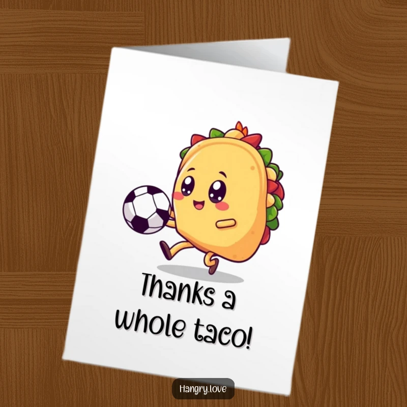 Funny Free Printable Thank You Card of a happy taco with legs kicking a soccer ball, saying thanks.