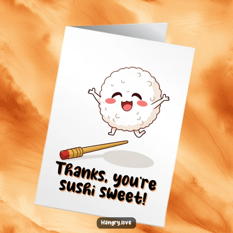 Funny Free Printable Rice Ball Thank You Card: A smiling rice ball leaps over a chopstick, expressing thanks. Hilarious downloadable art.