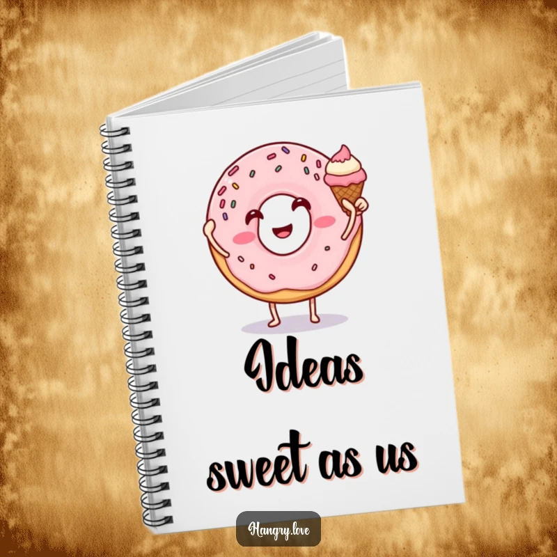 Funny donut notebook high-fiving an ice cream cone, sprinkles and arms, perfect for jotting down ideas with a sweet flair.