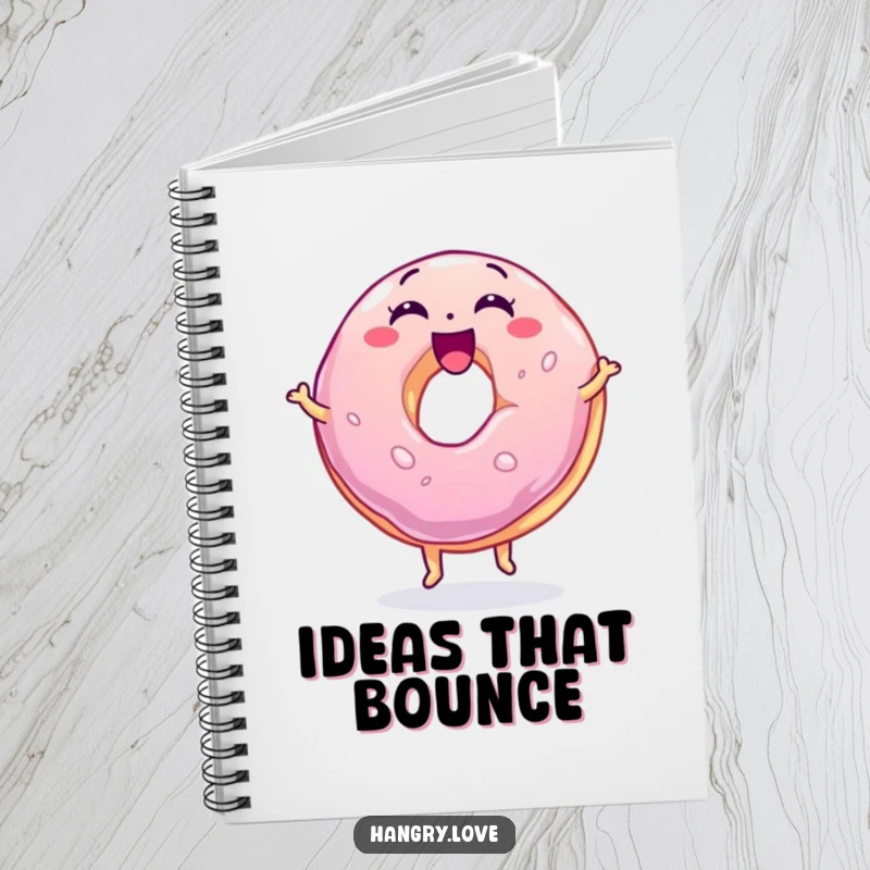 Funny jelly donut notebook, wobbly and excited, bouncing on its base, perfect for jotting down ideas with a sweet twist.