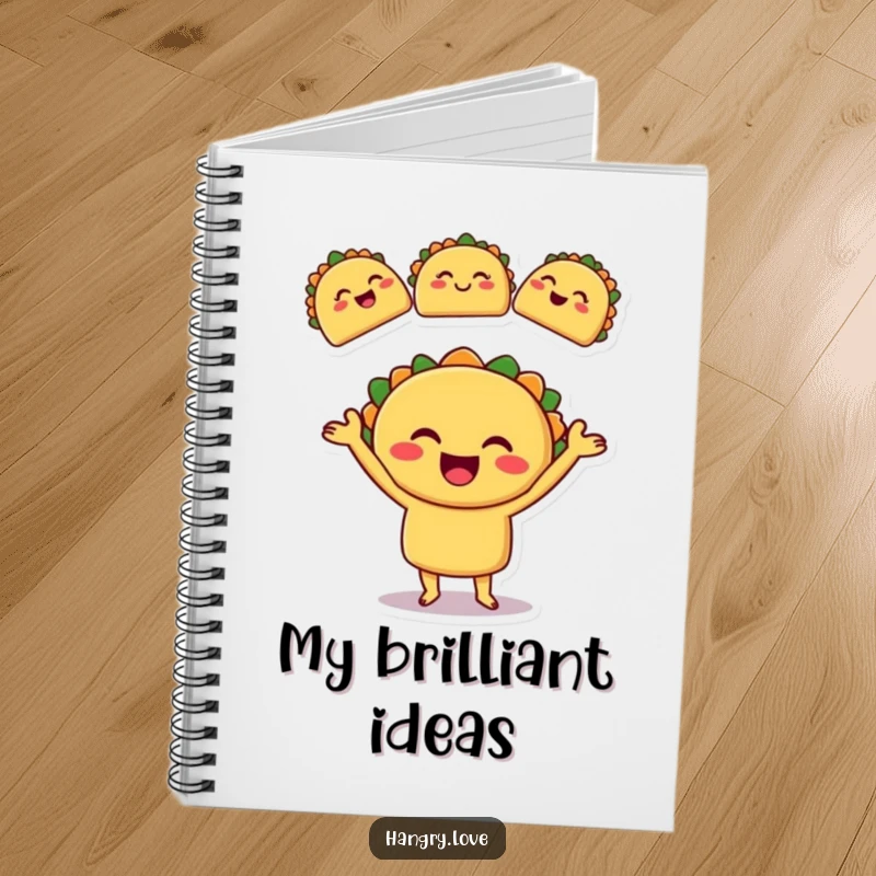 Funny notebook with a smiling taco character juggling three winking tacos, perfect for notes and sketches.