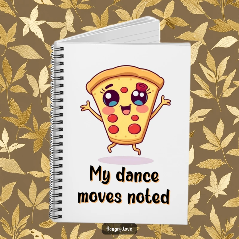 Funny pizza slice notebook, with wide eyes and stubby legs, dancing, perfect for jotting down ideas with a cheesy twist.