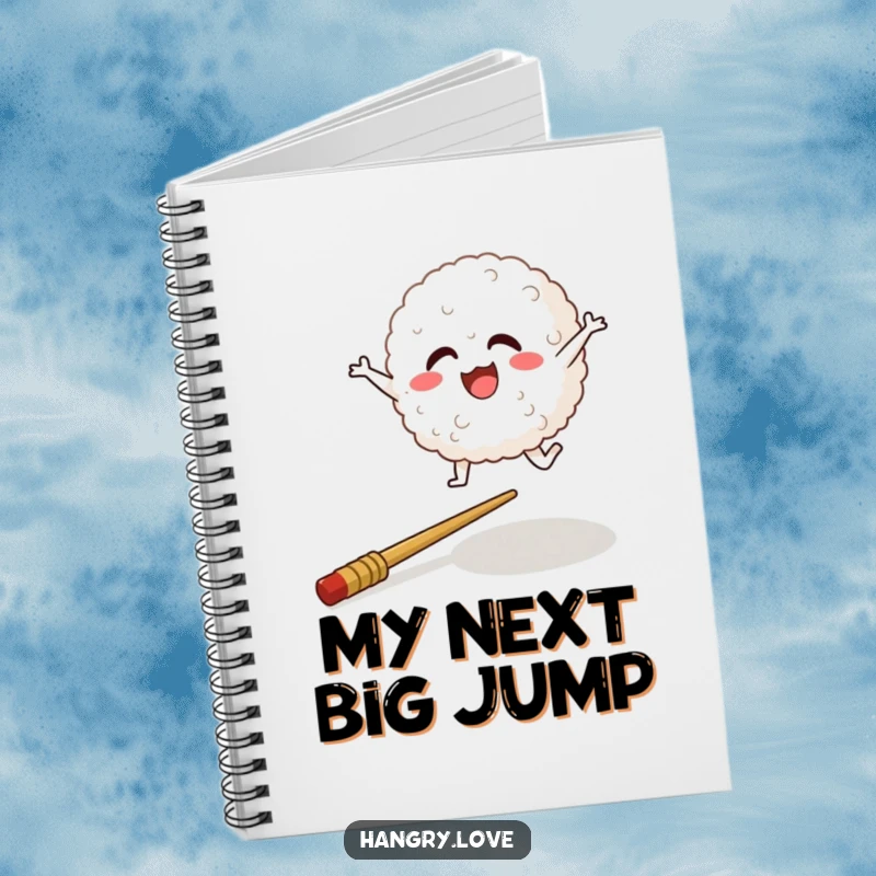 Funny notebook with a happy rice ball character leaping over a chopstick, for notes and doodles.