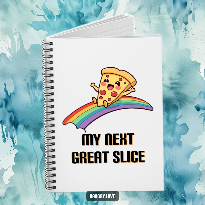 Funny notebook with a delighted pizza slice character sliding down a rainbow bridge, for notes and sketches.