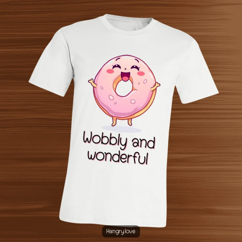 Funny jelly donut t-shirt, wobbly and excited, bouncing with enthusiasm, showcasing pure, sugary happiness and humor.