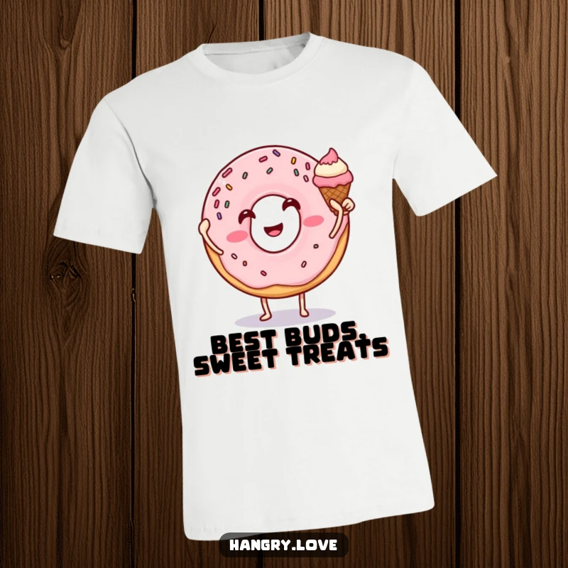 Funny donut t-shirt, high-fiving an ice cream cone, with sprinkles and arms, capturing playful and sweet dessert camaraderie.