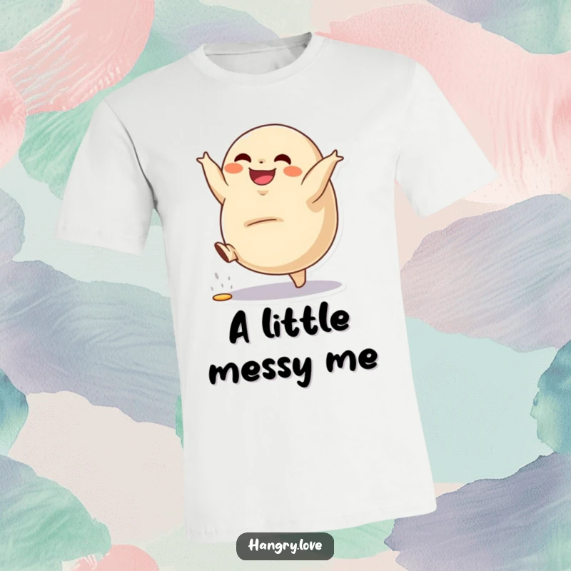 Funny t-shirt featuring a grinning dumpling character performing a cartwheel with filling spilling, showcasing playful energy.