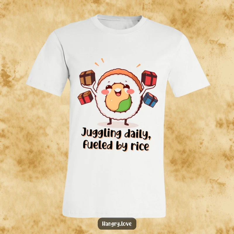 Funny sushi roll t-shirt with arms juggling bento boxes, showcasing energetic and playful foodie humor for ultimate laughs.