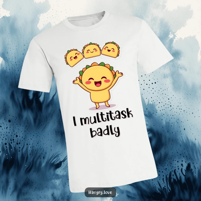 Funny t-shirt with a smiling taco character energetically juggling three smaller, winking tacos, celebrating food and fun.