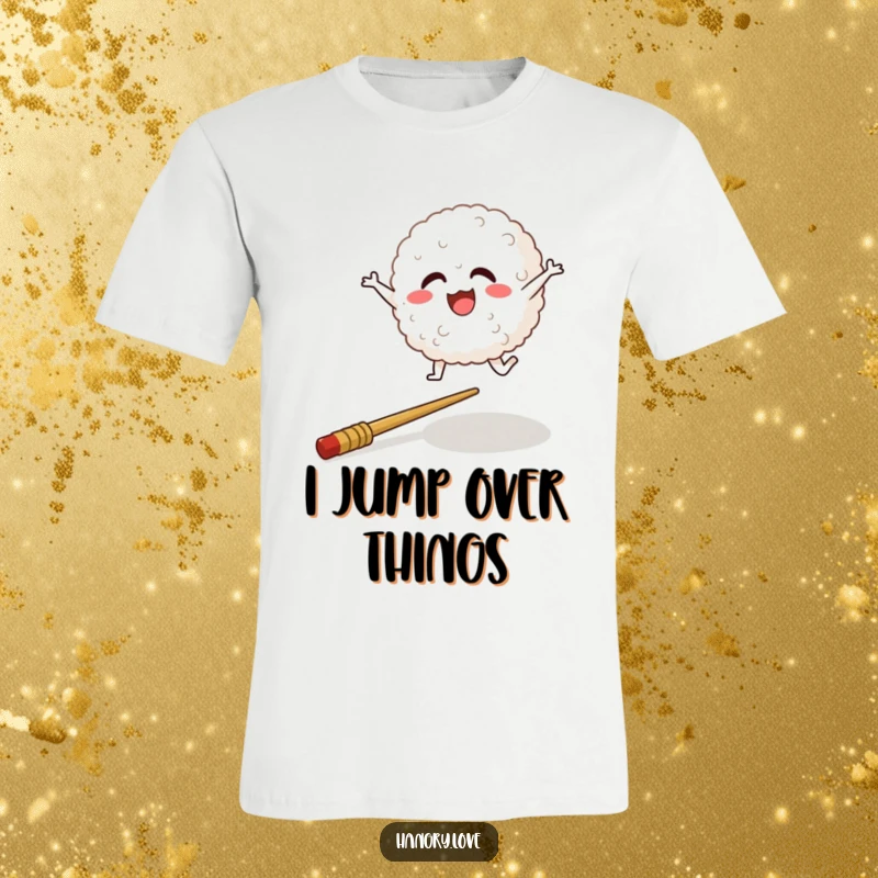 Funny t-shirt featuring a happy rice ball character mid-leap over a fallen chopstick, showcasing playful energy.