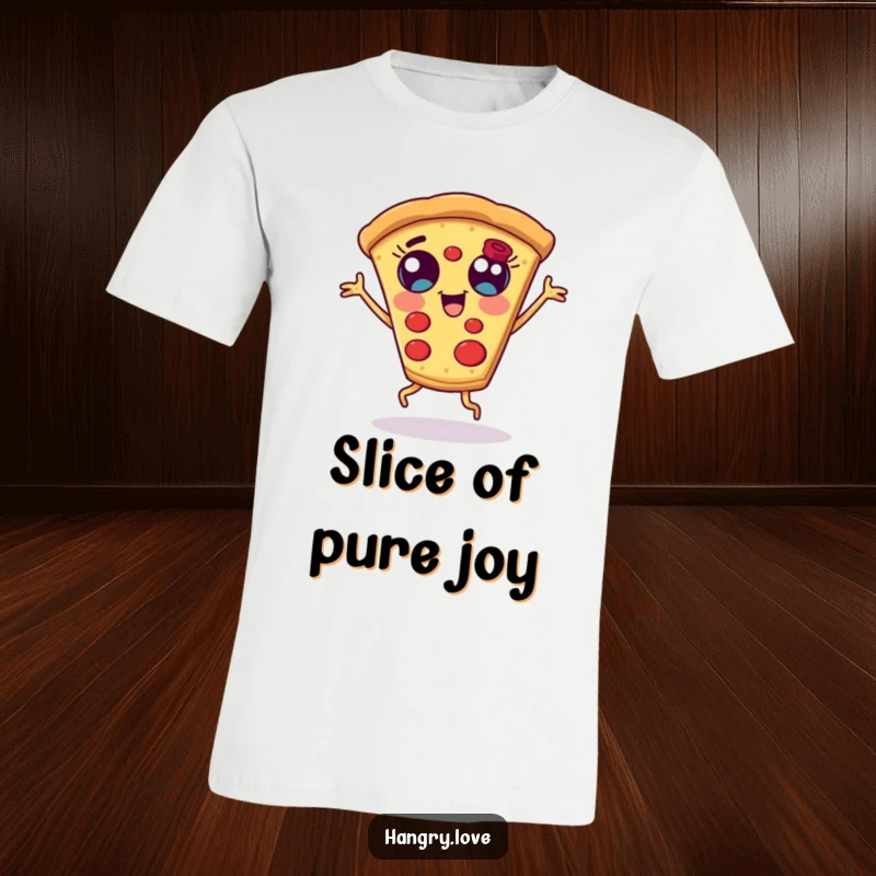 Funny pizza slice t-shirt, with wide eyes and short legs, captured mid-dance with joyful abandon and cheesy humor.