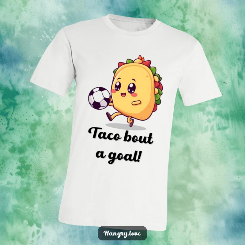Funny taco t-shirt, kawaii design, kicking a soccer ball with joyful determination, a playful blend of food and sport.