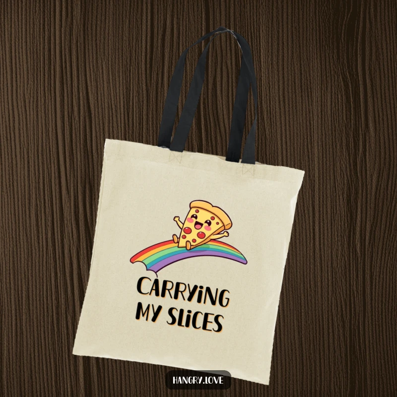 Funny tote bag featuring a delighted pizza slice character sliding down a rainbow bridge, great for shopping.