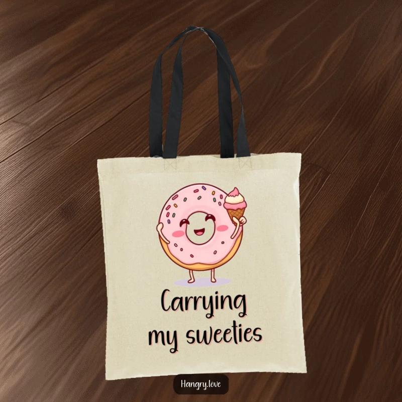 Funny donut tote bag, high-fiving an ice cream cone, sprinkles and arms visible, a cheerful and practical accessory.