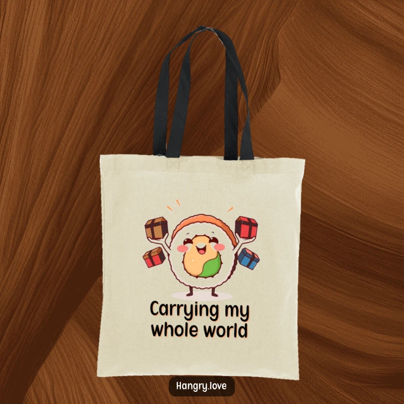 Funny sushi roll tote bag, demonstrating arms juggling bento boxes, a cheerful and practical accessory for market trips.