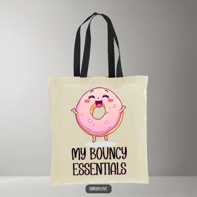 Funny jelly donut tote bag, wobbly and excited, bouncing on its base, a cheerful and practical accessory.