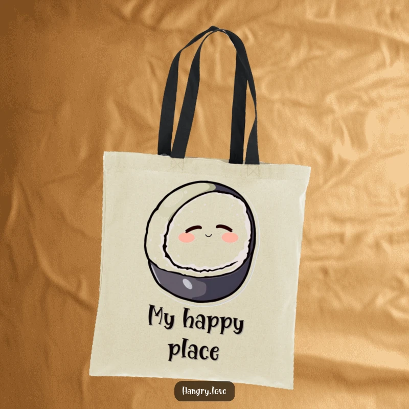 Funny tote bag with a round sushi character peacefully rolling downhill, great for everyday use.