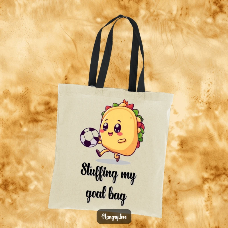Funny taco tote bag, kawaii style, kicking a soccer ball, a vibrant and practical accessory for errands and matches.